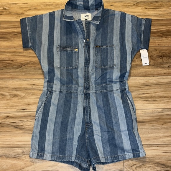 Lee Union-Alls Denim Romper Striped Utility Zip Front Short Jumpsuit Large-NWT - Picture 3 of 11